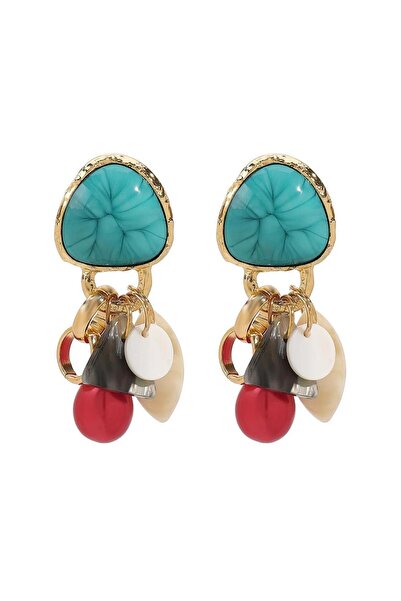 Pelin Aksesuar Turkuaz Kırmızı Boncuk Sallantılı Tasarım Küpe