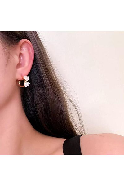 Pelin Aksesuar Pink White Crystal Filled Heart Hoop Earrings