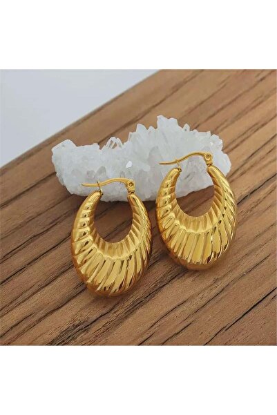 Pelin Aksesuar Gold Çelik Vintage Oval Halka Küpe