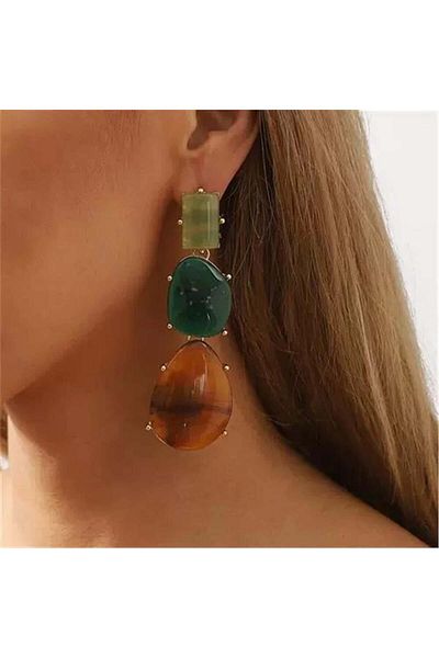 Pelin Aksesuar Green Brown Stone Long Earrings