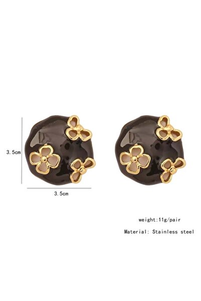 Pelin Aksesuar Siyah Gold Çiçek Desenli Çelik Küpe