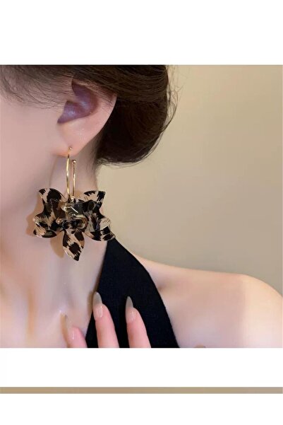 Pelin Aksesuar Kahverengi Leopar Desenli Büyük Çiçek Küpe