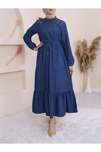 Modamorfo Dlouhé džínové šaty s perlami na ramenou a elastickým pasem