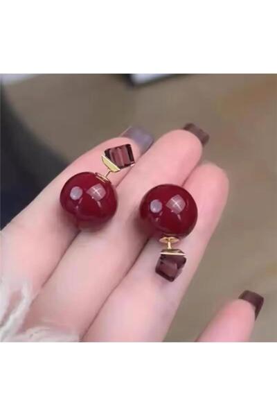 Pelin Aksesuar Ghost Earrings with Red Ball and Cube Crystal