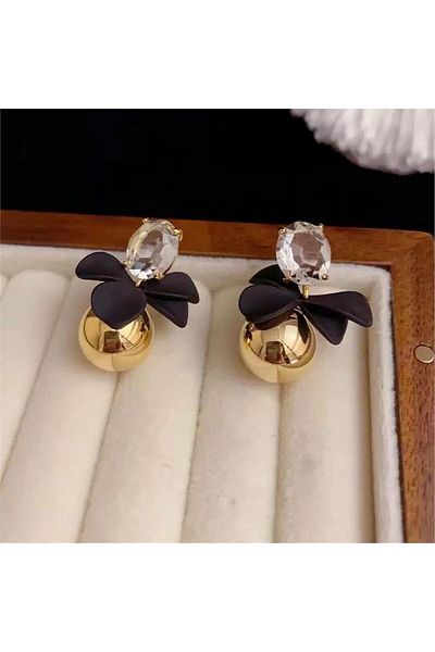 Pelin Aksesuar Black Gold Floral Stone Earrings