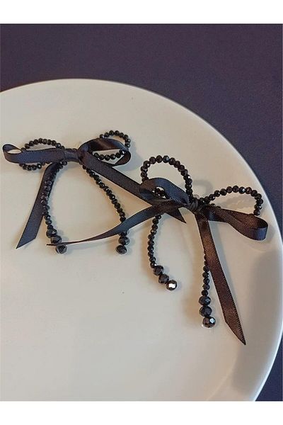 Pelin Aksesuar Black Beaded Ribbon Bow Design Earrings