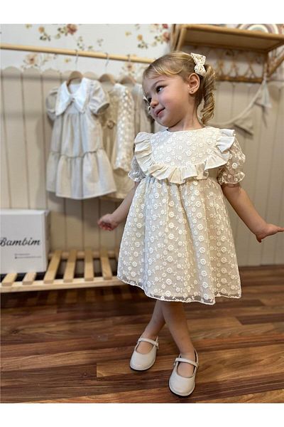 miabambim Premium Series Baby Girl Dress - Floral, Watermelon Sleeve, 100% Linen, Beige
