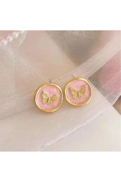 Pelin Aksesuar Powder Pink Butterfly Steel Earrings