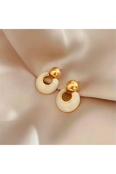 Pelin Aksesuar Cream Gold Vintage Circle Earrings
