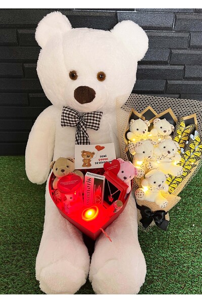 lenostra Sevgiliye Hediye 80cm Beyaz Ayıcık Kelebekli Ledli Ayıcık Buketi ve Kalp Kutuda Hediyeler