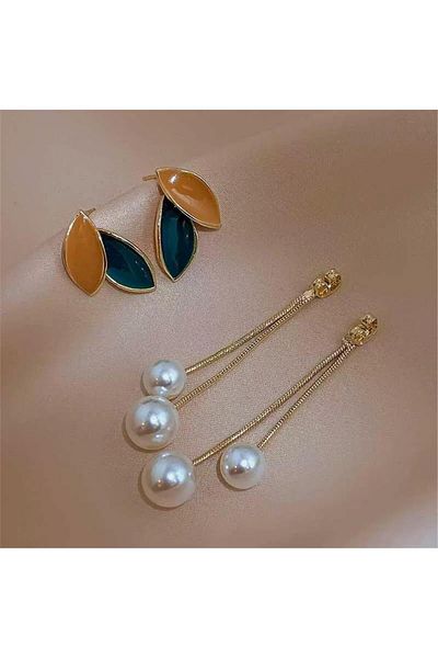 Pelin Aksesuar Green Beige Pearl Dangle Leaf Earrings