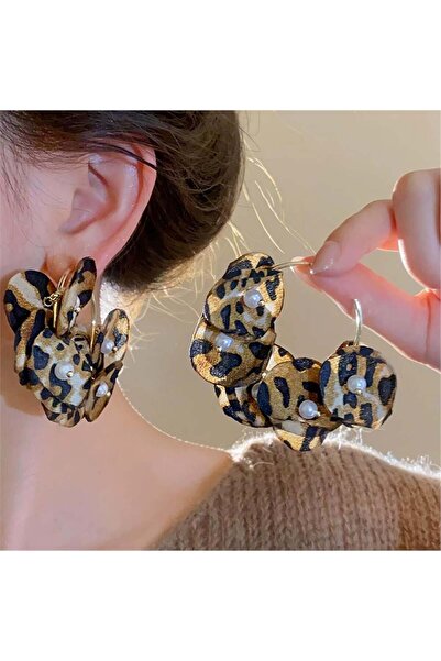 Pelin Aksesuar Leopar Kumaş Çiçekli Büyük Halka Küpe