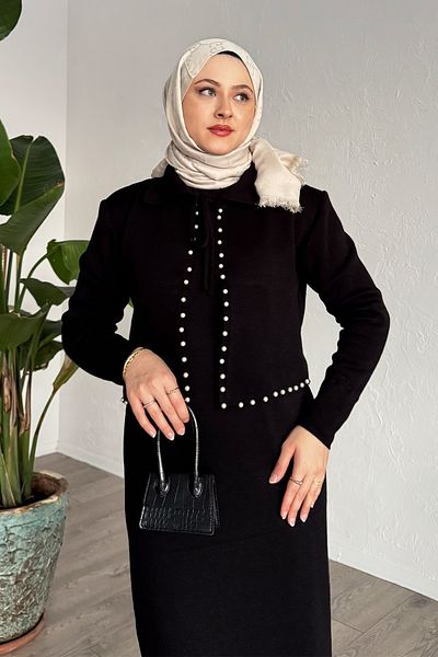 InStyle بدلة تريكو سوداء مع بوليرو لؤلؤي