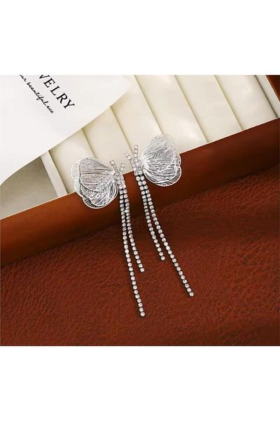 Pelin Aksesuar Silver Stone Dangle Butterfly Earrings