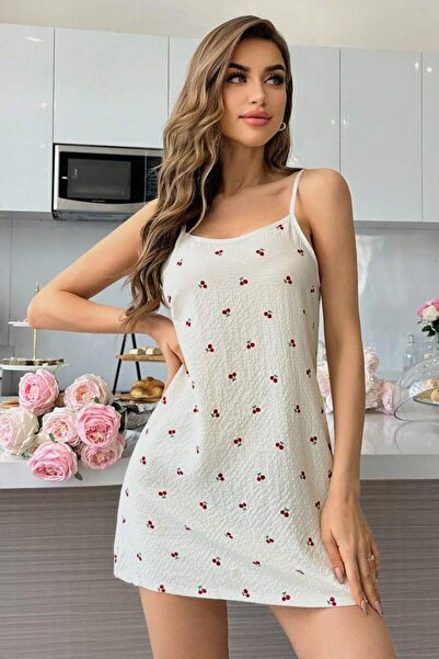 Vuesga Lily Bianca %100 Pamuk Penye Kiraz Desenli Şirin Mini Gecelik-13000