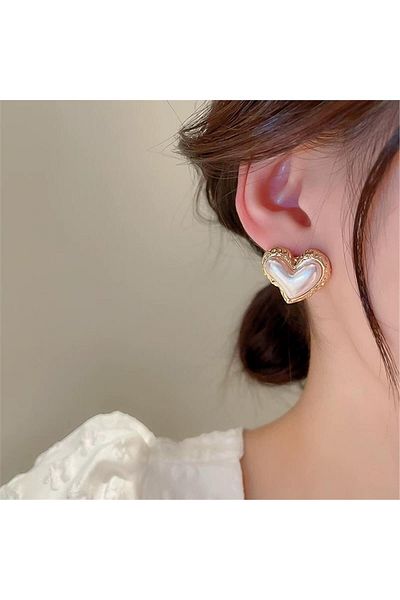 Pelin Aksesuar White Pearl Steel Heart Earrings