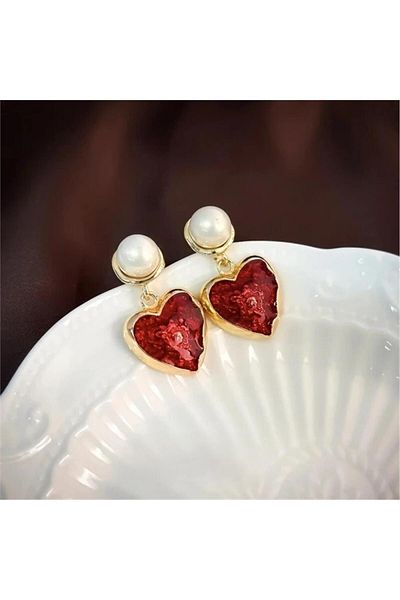 Pelin Aksesuar Red Heart and Pearl Earrings