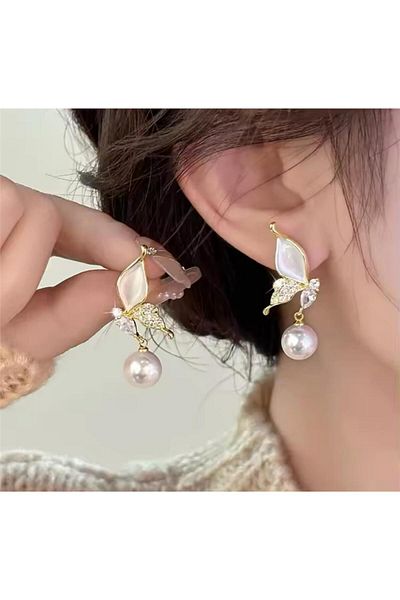 Pelin Aksesuar Cream Pearl Butterfly Earrings