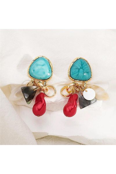 Pelin Aksesuar Turquoise Red Beads Dangle Design Earrings