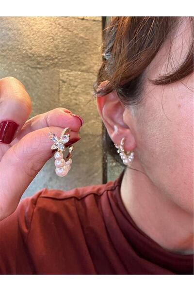 Pelin Aksesuar İncili Kelebekli Halka Küpe