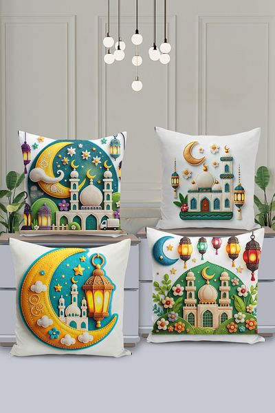 Filamente Ramadan Special Patterned 4-Piece Throw Pillow Cover Set - Double-Sided Digital Printed