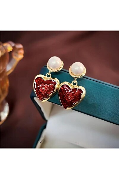 Pelin Aksesuar Kırmızı Kalp ve İncili Küpe