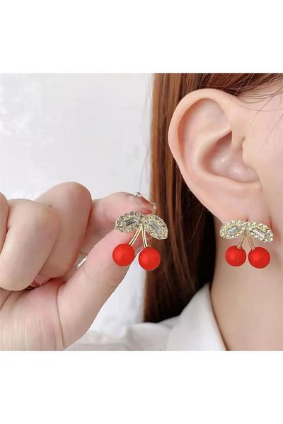 Pelin Aksesuar Red Beaded Stone Cherry Earrings