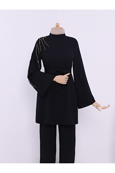 Modamorfo Stand Collar Bead Embroidered Spanish Sleeve Set - Black