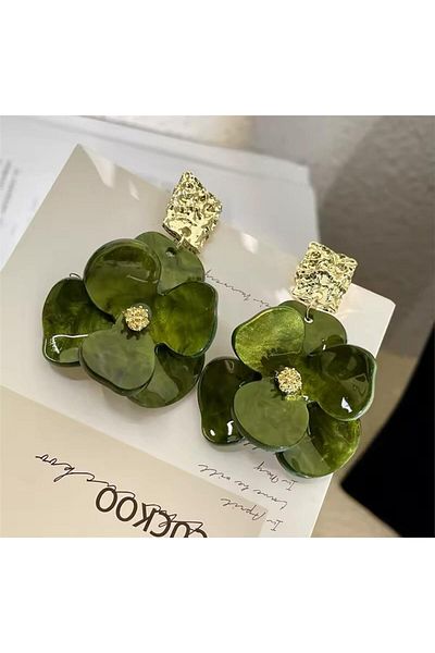 Pelin Aksesuar Green Pearlescent Big Flower Earrings