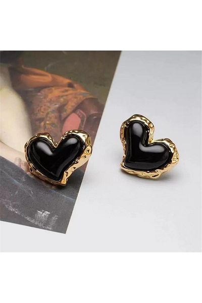 Pelin Aksesuar Black Stone Steel Heart Earrings