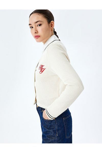 Koton Embroidery Detailed Long Sleeve Buttoned Ribbed V-Neck Knitwear Cardigan