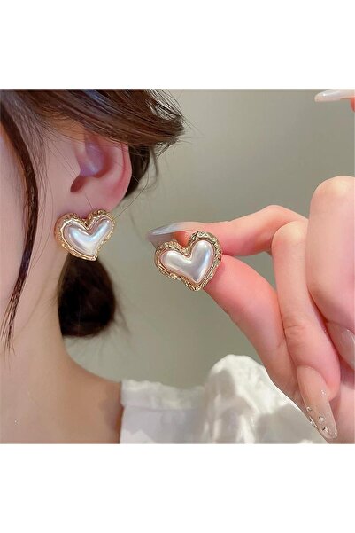 Pelin Aksesuar White Pearl Steel Heart Earrings