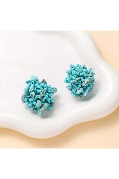 Pelin Aksesuar Turquoise Stone and Bead Embroidered Circle Earrings
