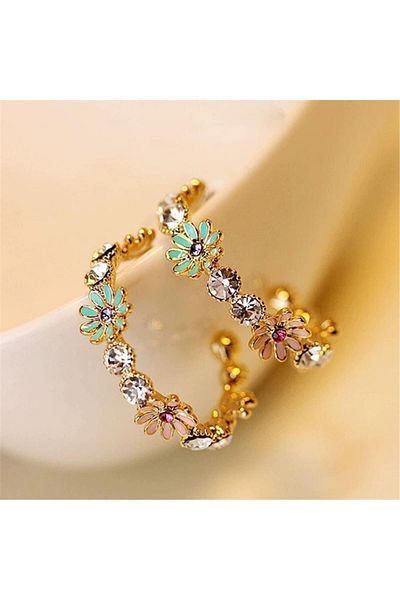 Pelin Aksesuar Pink Green Floral Hoop Earrings