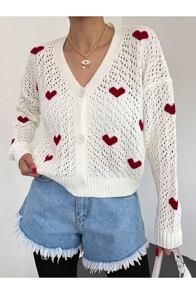 Modamorfo Herz-Muster geknöpft durchbrochene Trikot-Cardigan