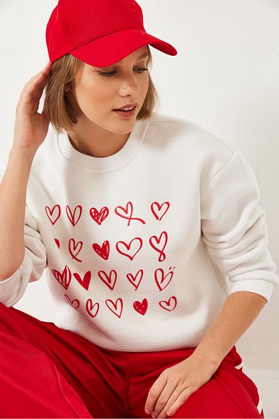 Bianco Lucci Damen-Basic-Sweatshirt mit Herz-Print 60601032