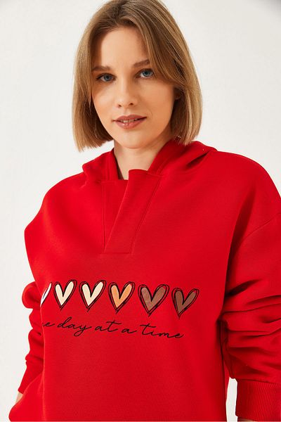 Bianco Lucci Damen-Sweatshirt mit Kapuze, drei Fäden, Raster, buntes Herz, bedruckt 60601040