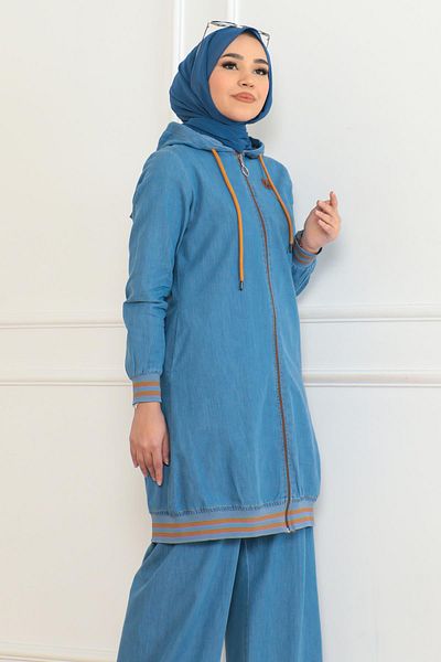 Modamihram Light Blue Zippered Jeans Set - Ribbed 19363