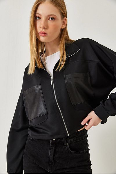 Bianco Lucci Women's Leather Pocket Detailed Diver Fabric Stand Collar Jacket Mbms044 60501044