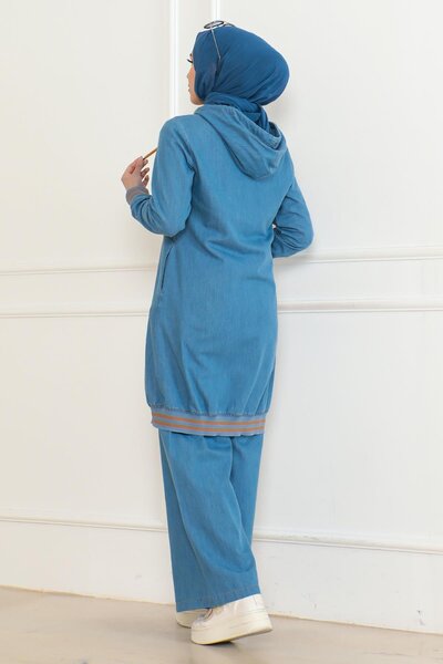 Modamihram Светлосин дънков костюм с цип - оребрен 19363