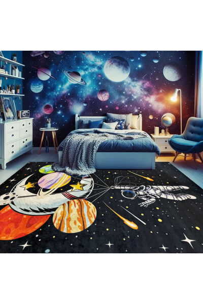 Nursery Carpet Astronaut Remote Pattern Black Digital Printing Anti-Slip Machine Washable Play Rug