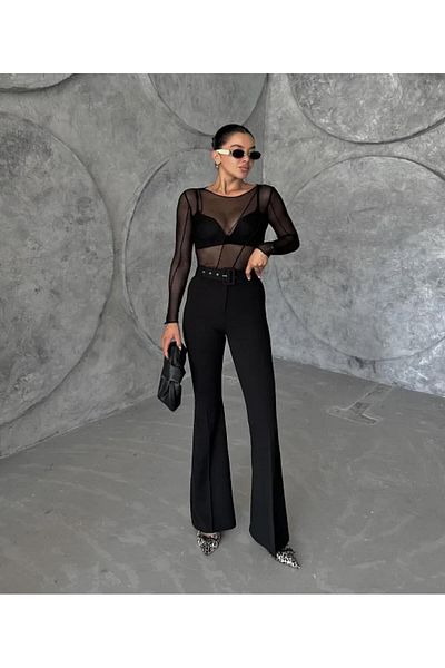 Asia Black Spanish Leg Belted Fabric Pants