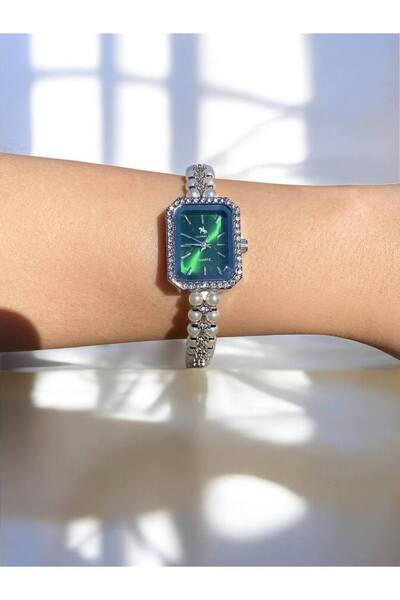 Vola Collection Dikdörtgen Zümrüt Yeşili Kadranlı Gümüş İnci Kordonlu Kadın Vintage Saat-10