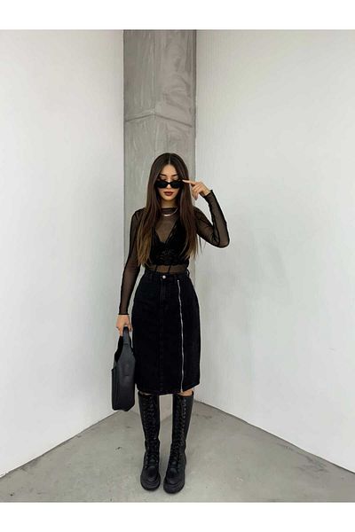 SHEVEGA Women's Black Jeans Skirt with Front Zipper Detail
