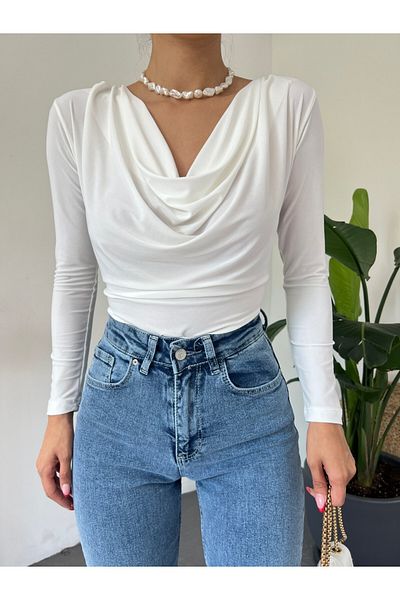 Modamorfo Ecrufarbene drapierte Sendy-Bluse