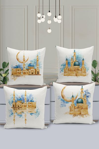 Filamente Ramadan Special Patterned 4-Piece Throw Pillow Cover Set - Double-Sided Digital Printed