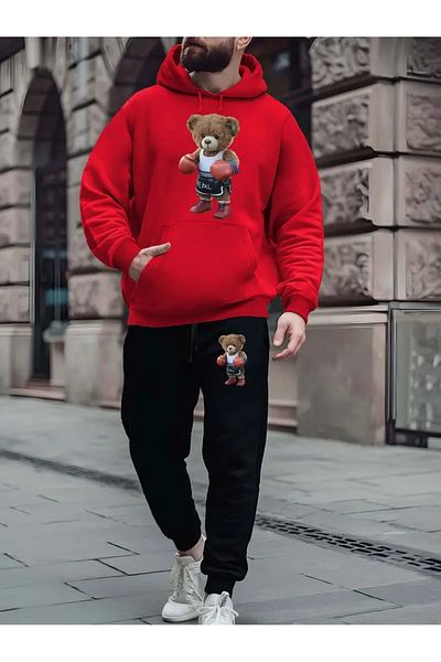 DAXİS Sportwear Company Σετ ανδρική φόρμα μπόξερ με στάμπα αρκουδάκι - Σετ με κουκούλα και μπλουζάκι