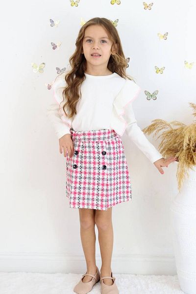 ARBİ kids Girl's Pink Corded Ruffle Detailed Skirt Double Suit Eid