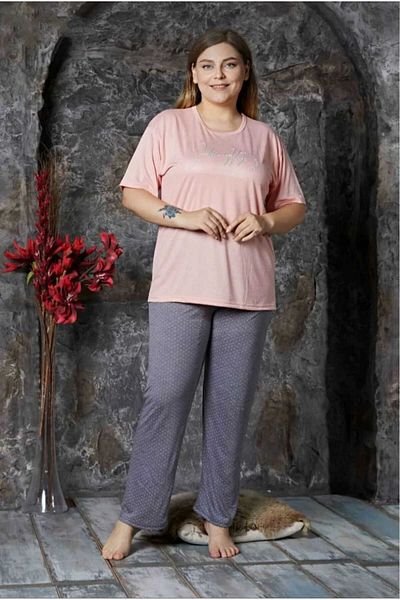wear treasure Women's Plus Size Curve Print Lapel Lace Buttoned Short Sleeve Bamboo Pajamas Set