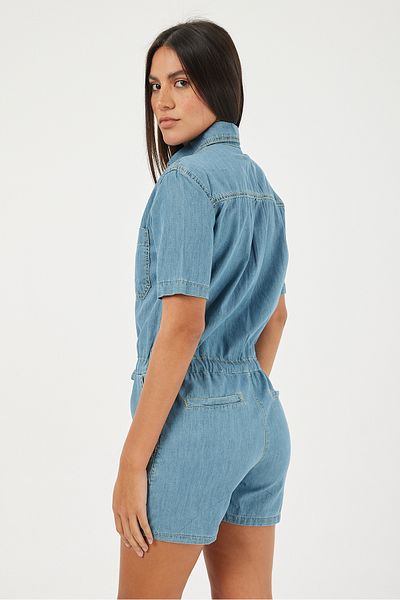 POODLE Salopetă din denim cu șireturi, cu guler de cămașă pentru femei